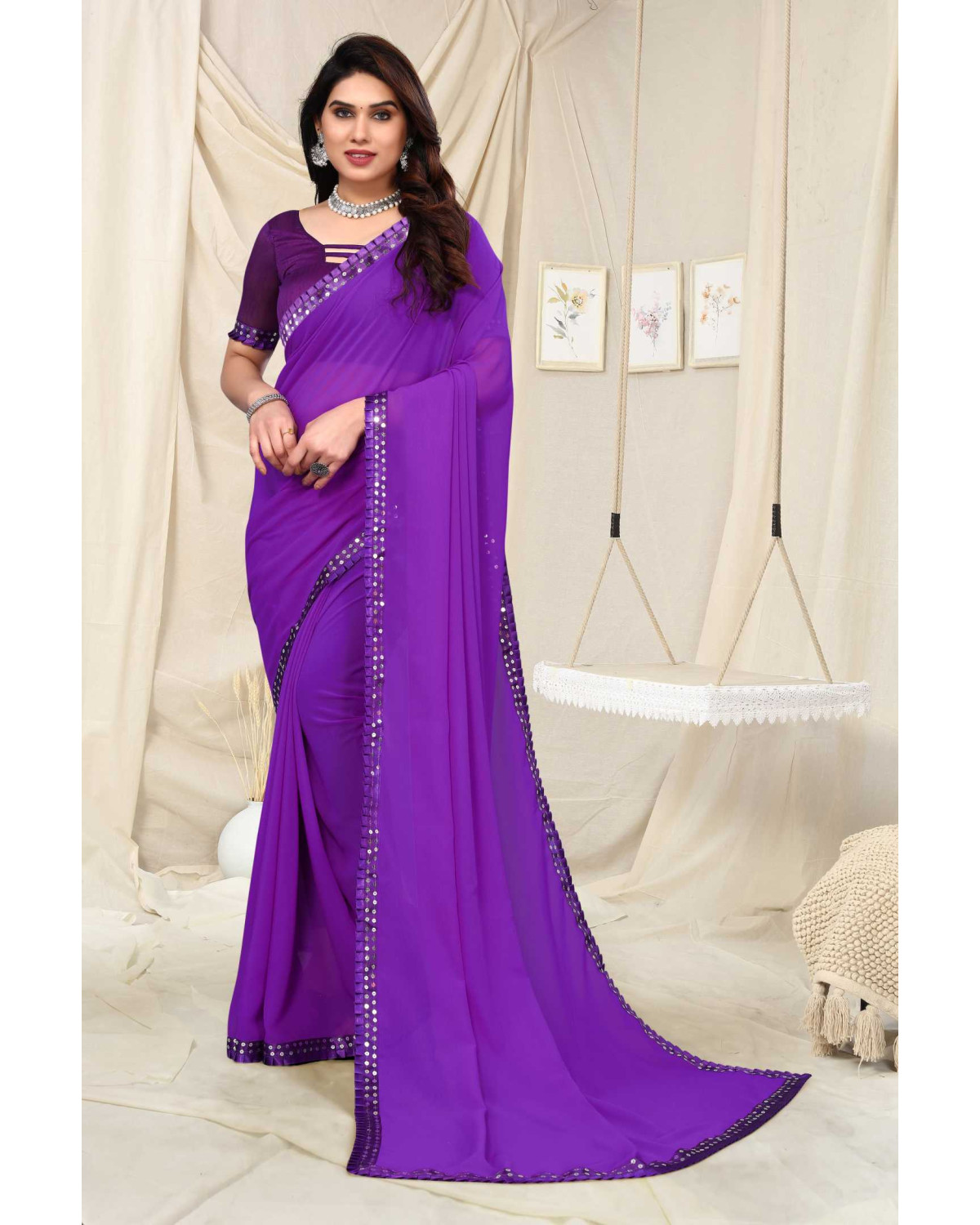 purple plain satin saree with blouse - Thecrownlady - 3548086