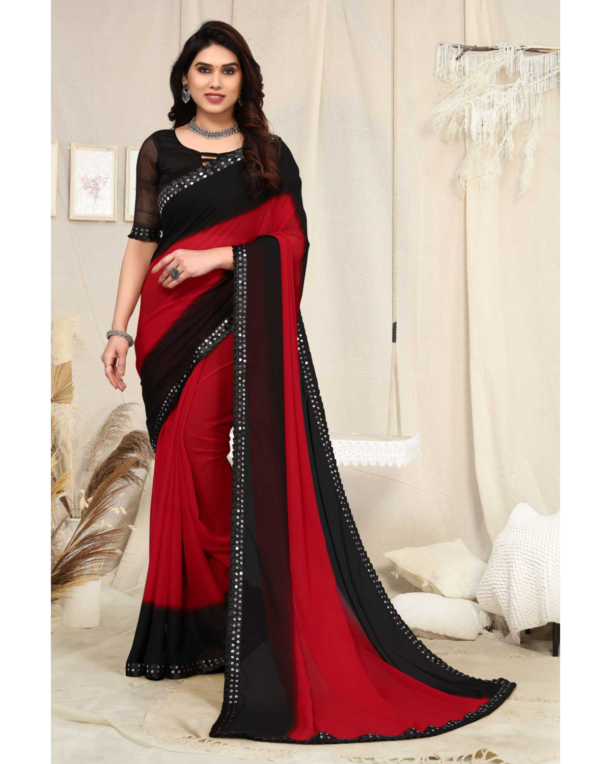 Buy Samah Printed Daily Wear Georgette Red, Black Sarees Online @ Best  Price In India | Flipkart.com