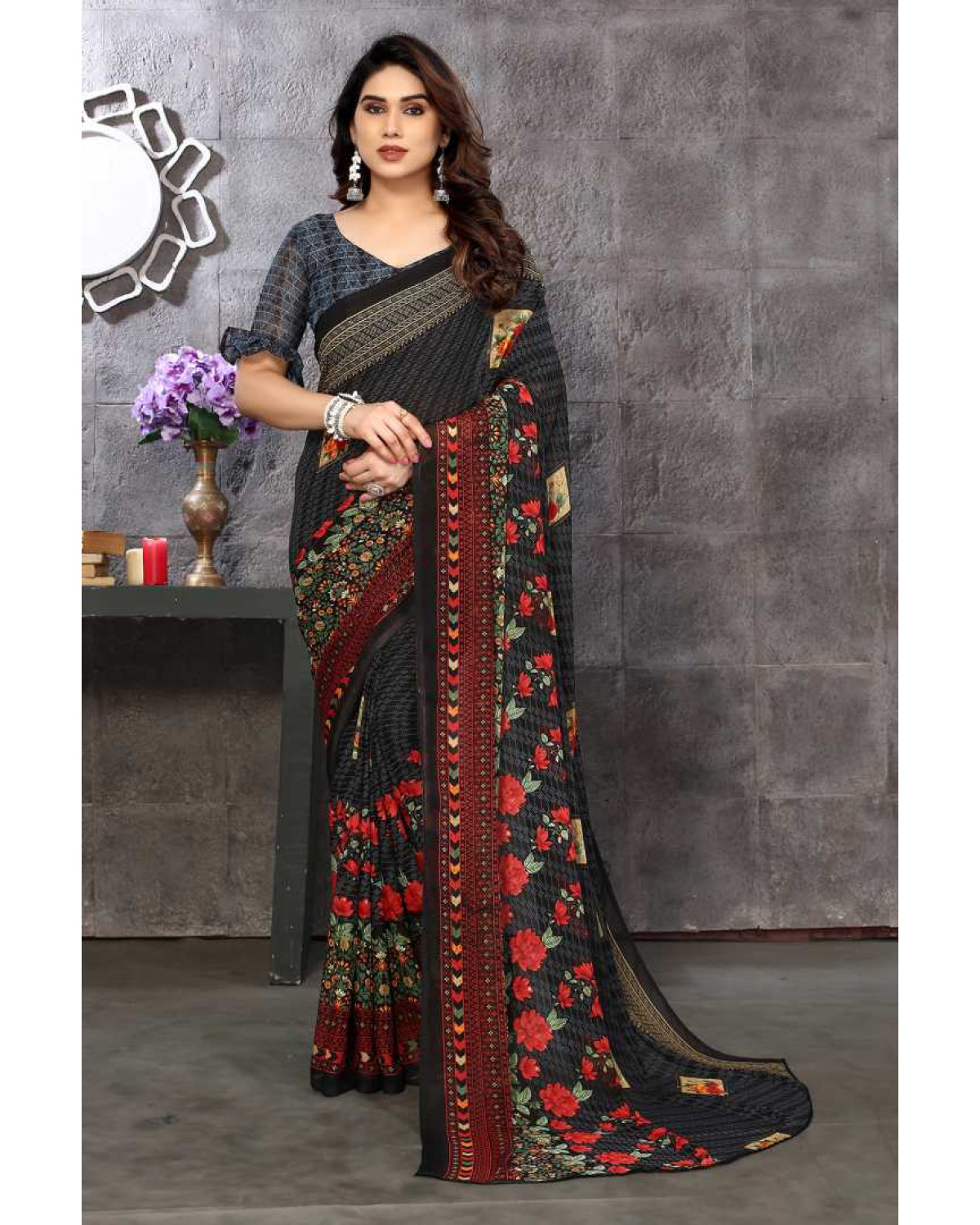 Buy Laxmipati Red And Black Georgette Saree at Rs.1916/Piece in surat offer  by Laxmipati Sarees