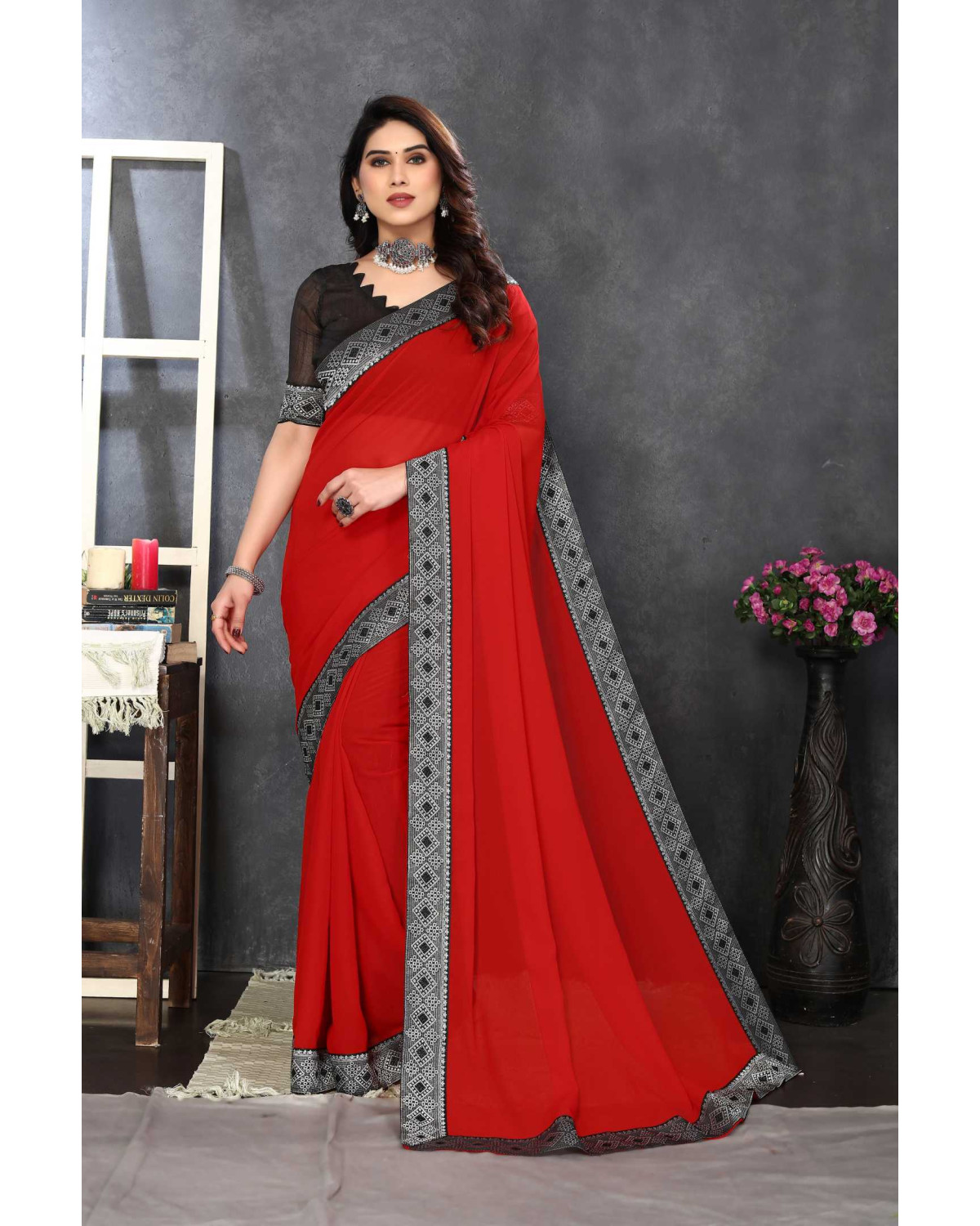 Red And Maroon Sarees  Plain Red Sarees With Black Border